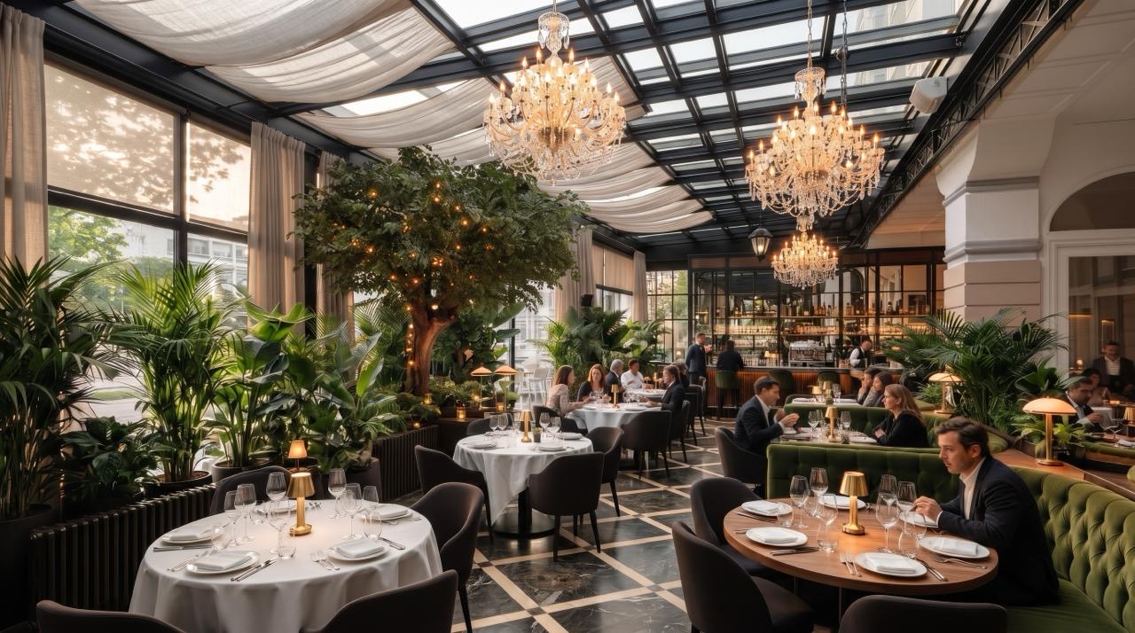 Restaurant sous verrière avec banquettes vertes